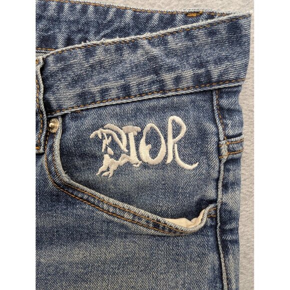 Dior Jeans Mens 31 Blue Distressed Slim Fit Embroidered Logo Denim Designer - Picture 4 of 16